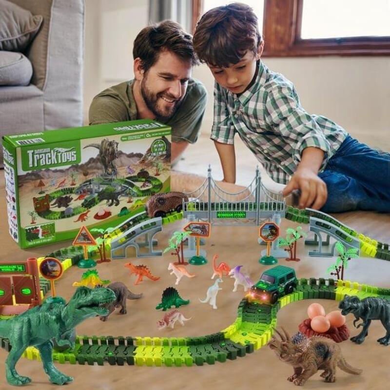 Dinosaur Toys Race Car Track with Glow-in-the-Dark Stickers Vehicle Playsets, 215 PCS Road Toys for Boys, Best Gift