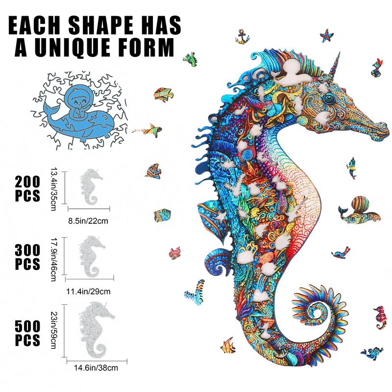 Mys Aurora Wooden Jigsaw Puzzle Seahorse 200 300 Pcs Unique Shape Wood Box Packing Creative Gift for Adults and Kids Boys Girls Fun Challenging Family Game for Parents Grandparents Brainstorm