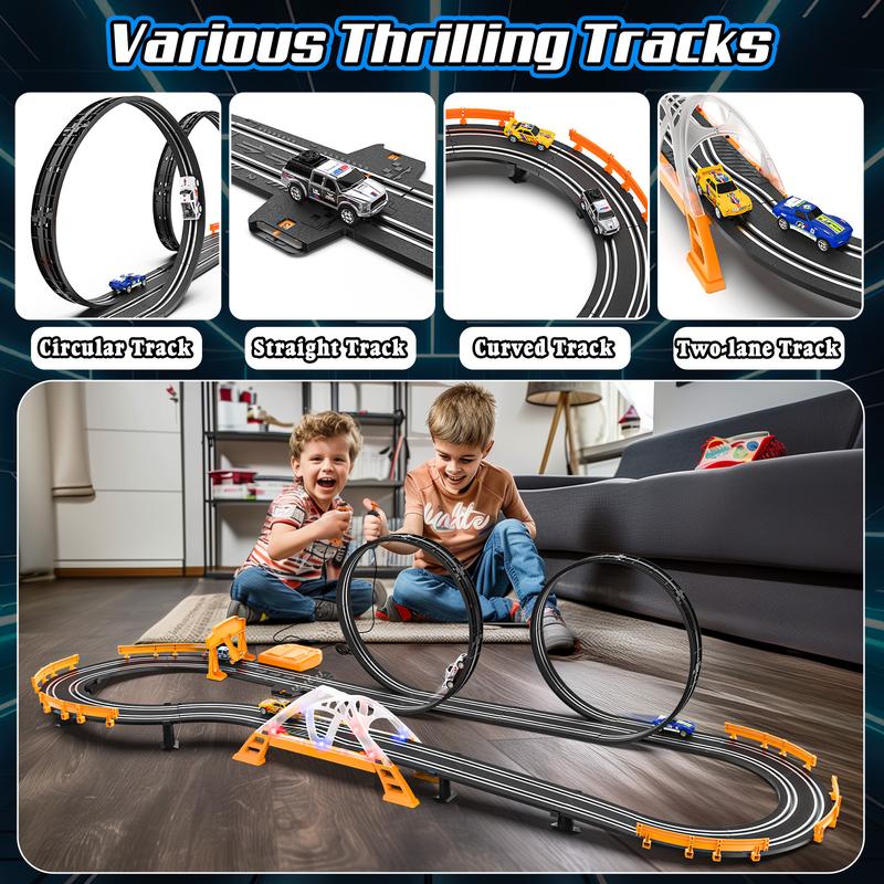 Slot Car Race Track Sets for Boys,Race Car Track with 4 High-Speed Slot Cars,Battery or Electric Car Track,Dual Racing Game Lap Counter Track Sets,Toys Gifts for Boys Girls Ages 4 5 6 7 8-12 toy  race