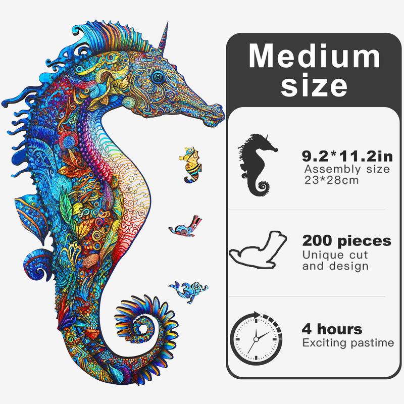 Mys Aurora Wooden Jigsaw Puzzle Seahorse 200 300 Pcs Unique Shape Wood Box Packing Creative Gift for Adults and Kids Boys Girls Fun Challenging Family Game for Parents Grandparents Brainstorm