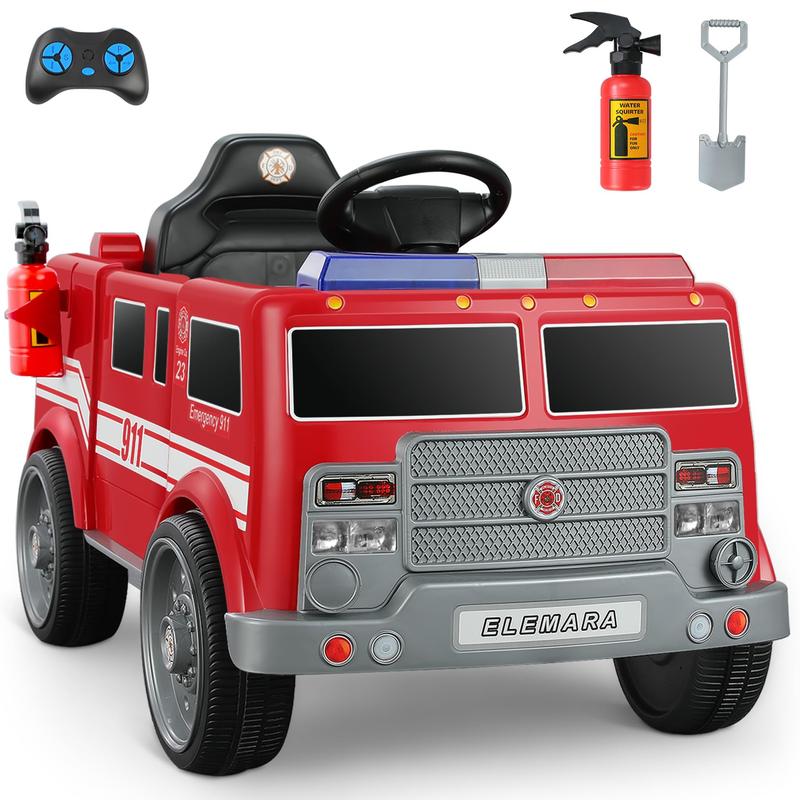 ELEMARA 12V Ride on Fire Truck, Ride on Car for Kids,Electric Ride on Toys Car w Parent Remote Control,Siren Call,walkie-talkies, Flashing Lights,Fire Extinguishers, Bluetooth,Music,UBS