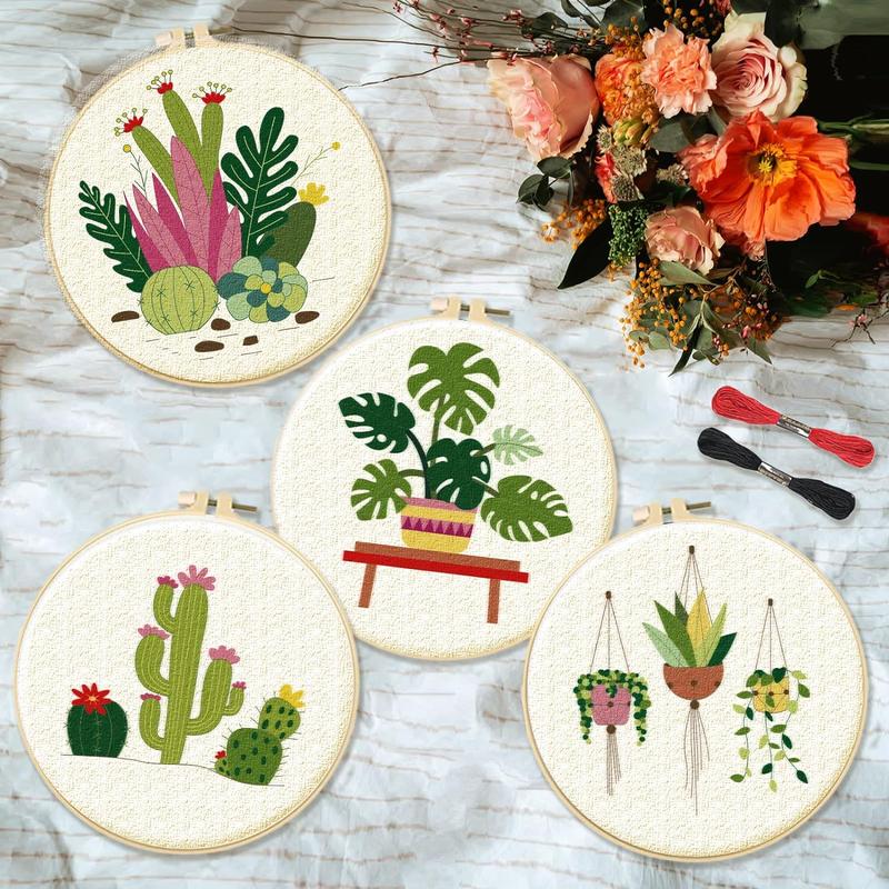 Plant Pattern Embroidery Kit, 4pcs set DIY Embroidery Kit with Random Color Accessories, Embroidery Supplies for Home Decor