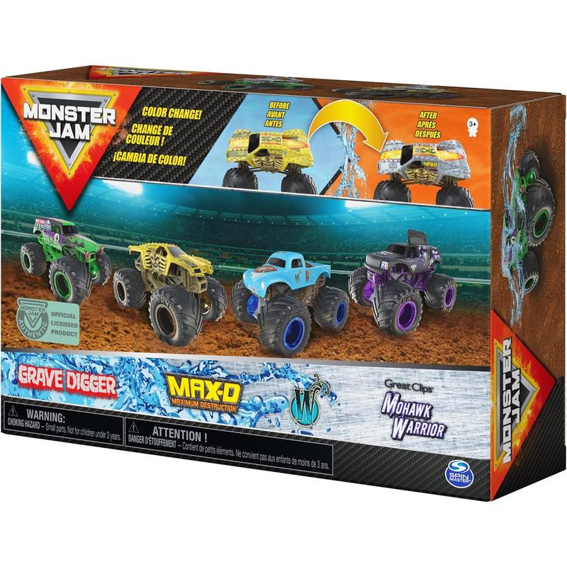 Monster Jam, Official Reveal The Steel 4-Pack of Color-Changing Die-Cast Monster Trucks, 1:64 Scale