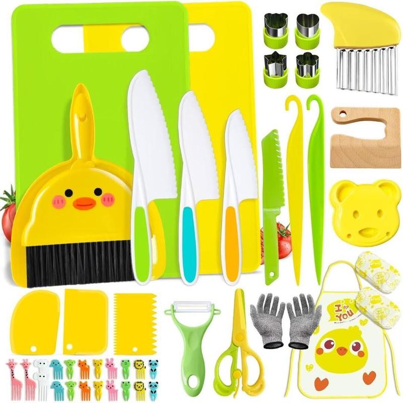 45 Piece Kids Kitchen Utensils Set, Kids Real Cooking Kitchen Utensils, Kids Kitchen Tools Set with Wooden Kids Cutting Board Gloves Fruits Vegetables Waves