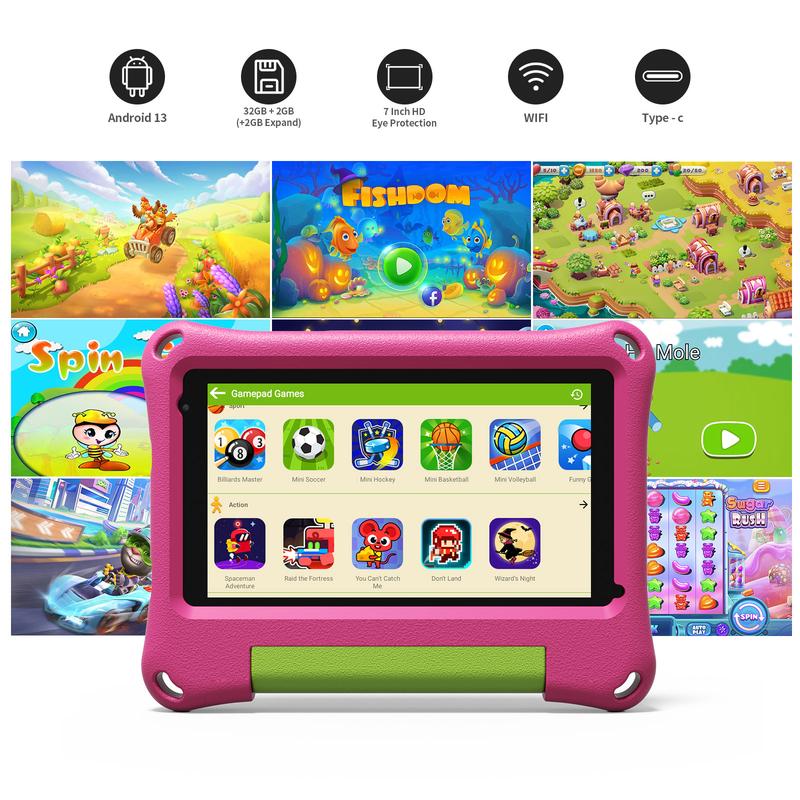 Kids Tablet 7 Inch Tablet for Toddlers, Android 13 Tablet 2GB RAM 32GB Storage with WiFi Dual Camera, Parental Control Mode Google Playstore YouTube Netflix for Boys Girls