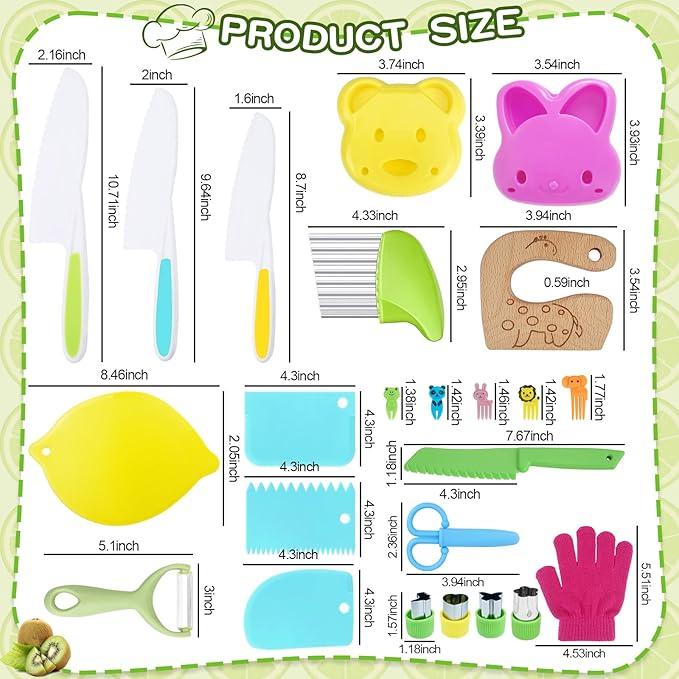 45 Piece Kids Kitchen Utensils Set, Kids Real Cooking Kitchen Utensils, Kids Kitchen Tools Set with Wooden Kids Cutting Board Gloves Fruits Vegetables Waves