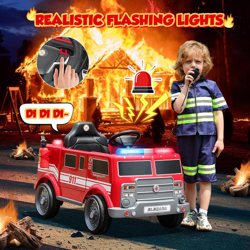 ELEMARA 12V Ride on Fire Truck, Ride on Car for Kids,Electric Ride on Toys Car w Parent Remote Control,Siren Call,walkie-talkies, Flashing Lights,Fire Extinguishers, Bluetooth,Music,UBS