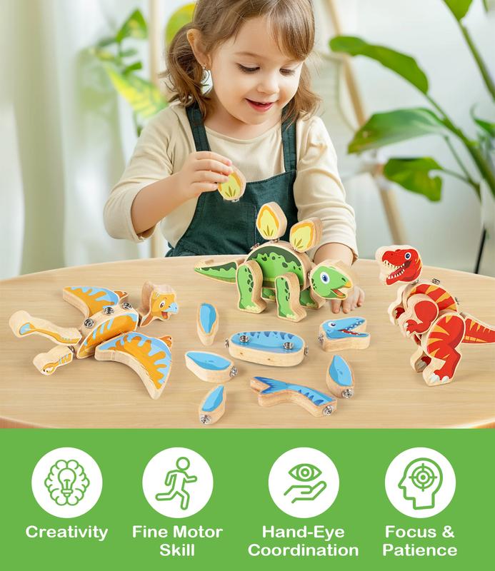 Wooden Dinosaur Toys, Snap on Dino Together Building Blocks, Take-Apart Playset, STEM Montessori Educational Birthday, ChristmasGift for Kids Ages 3 4 5 6+ building toy Black Friday & Cyber Monday