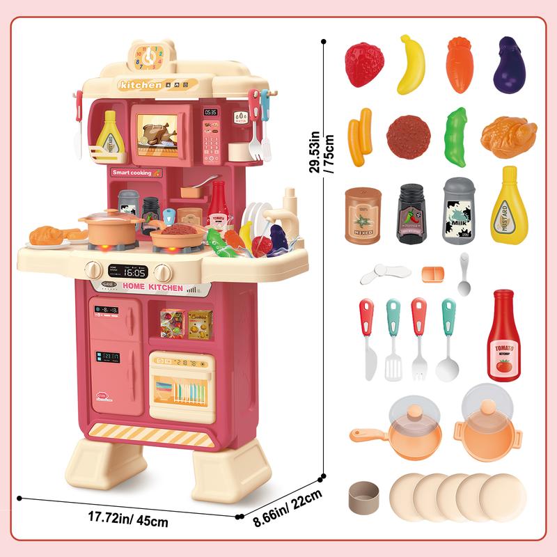 deAO Kitchen Playset Toy with Sounds and Lights Role Playing Game Pretend Food and Cooking Playset,35 PCS Kitchen Accessories Set