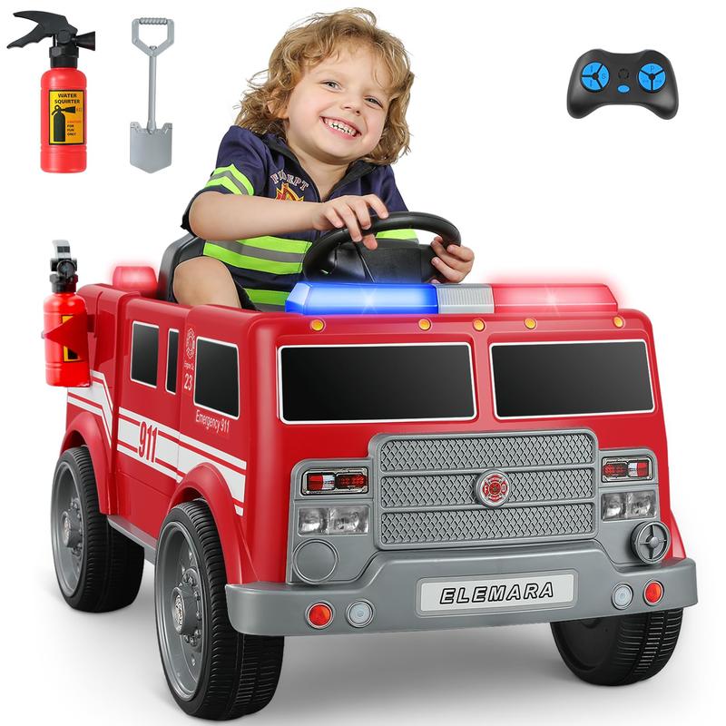 ELEMARA 12V Ride on Fire Truck, Ride on Car for Kids,Electric Ride on Toys Car w Parent Remote Control,Siren Call,walkie-talkies, Flashing Lights,Fire Extinguishers, Bluetooth,Music,UBS