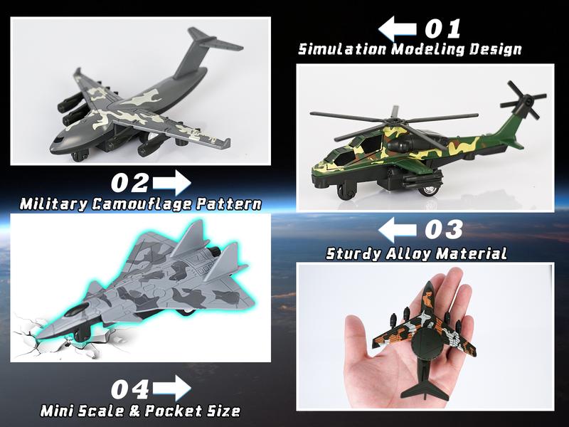 4PCS Army Airplane Toys Set-Diecast Aircraft Plane Model Kit Military Fighter Jet Playset Helicopter Camouflage Pull Back Aircraft Kids