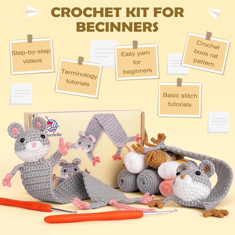 Crochetta Crochet Kit for Beginners, Amigurumi Crocheting Animals Kits w Step-by-Step Video Tutorials, Knitting Starter Pack for Adults and Kids, 2 Book Rat Familly (40%+ Yarn Content)