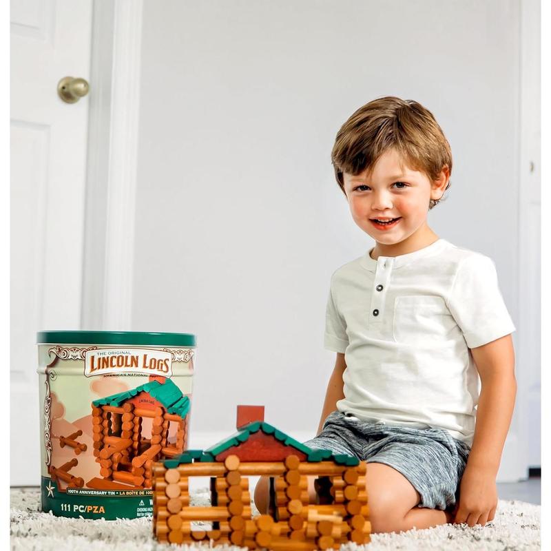 Lincoln Logs – 100Th Anniversary Tin, 111 Pieces, Real Wood Logs - Ages 3+ - Best Retro Building Gift Set For Boys Girls - Creative Construction Engineering - Preschool Education Toy