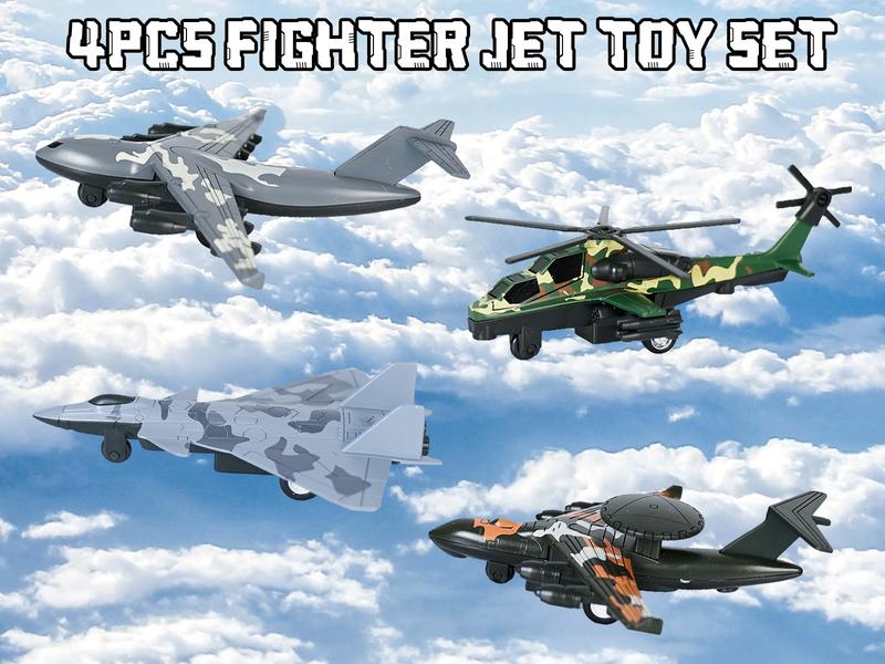 4PCS Army Airplane Toys Set-Diecast Aircraft Plane Model Kit Military Fighter Jet Playset Helicopter Camouflage Pull Back Aircraft Kids