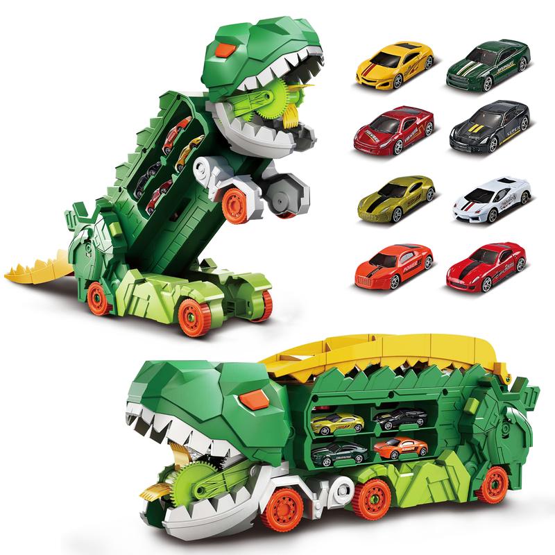 deAO Dinosaur Transforms Car Toys, Tyrannosaurus Rex Carrier Truck, Monster Swallowing Vehicle with Race Track Tail