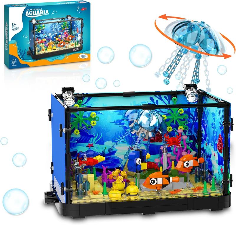 Tenhorses Fish Tank Building Sets, Aquarium with Light Kits Includes Rotatable Jellyfish, Crab, Clownfish, Parrotfish, Marine Plants. Creative Gifts for Girls Boys or Adults.