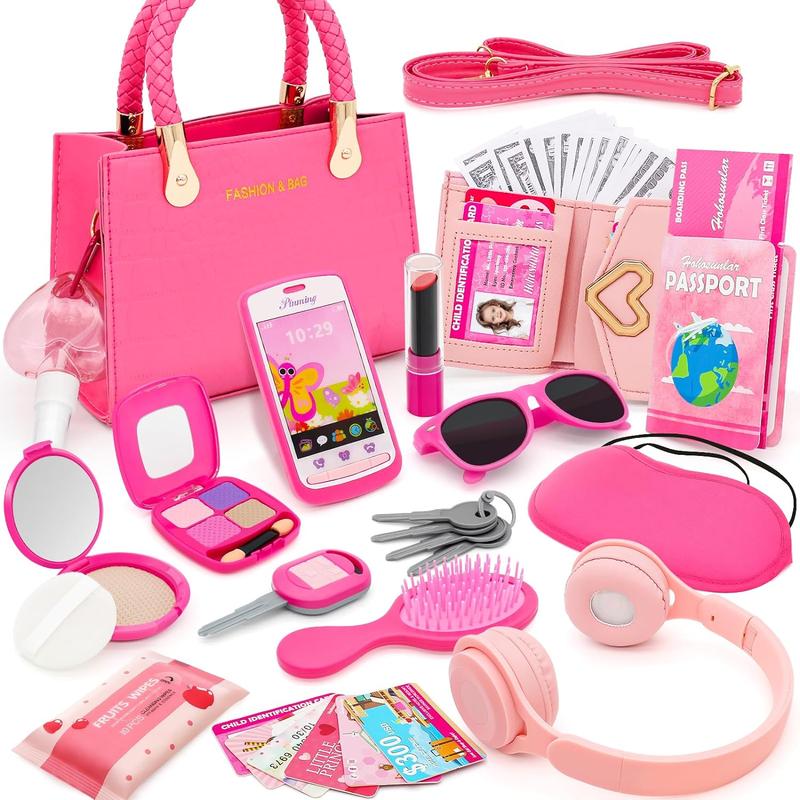 Christmas gift Little Girl Purse with Pretend Makeup for Toddlers, 49PCS Kids Play Purse Set - Princess Toy Accessories, Pretend Play Headset Wallet Phones Sunglasses Keys Credit Cards Birthday Gift for Girls Age 3+