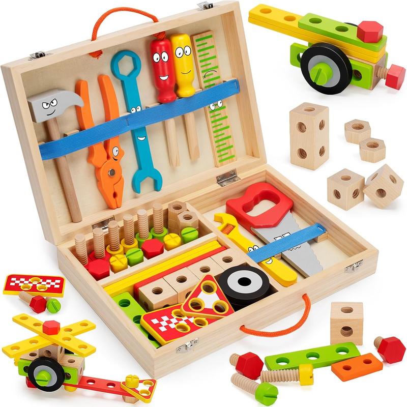 Christmas Gift For Kids Tool Set Toy, Stem Montessori Toys for 3 4 5 Years Old Boy Girl, 43 Pcs Wooden Toddler Tool Kits Inc Box, Learning Educational Construction Toy, Birthday for Kids