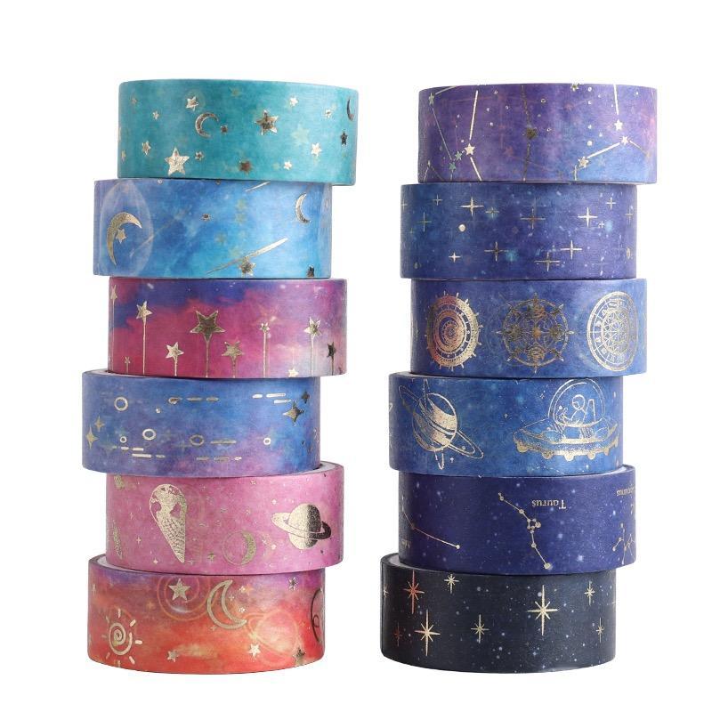 Starry Sky Series Washi Tape (12 Rolls box), Colorful Adhesive Decorative Tape, DIY Decorative Tape for Journal Making, Gift Wrapping