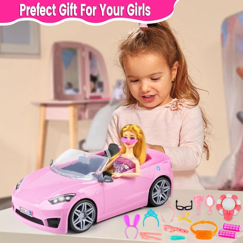 76 Pcs Doll & Convertible Car Playset,Included 11.5 In Doll,Doll Car,Princess Dresses,Fashion Dresses,Casual Clothing,Swimsuits,Bags,Shoes,Doll Playset,Doll Dress up Toys for Girls Kids Toddlers Gifts