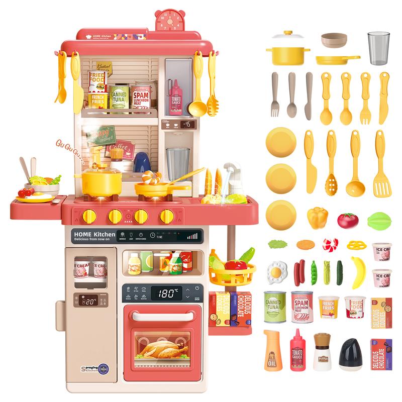 deAO Play Kitchen Set,50PCS Play Kitchen Accessories Real Sounds Light Spray,31Inch Pretend Play Kitchen Toy,Birthady Christams Gifts