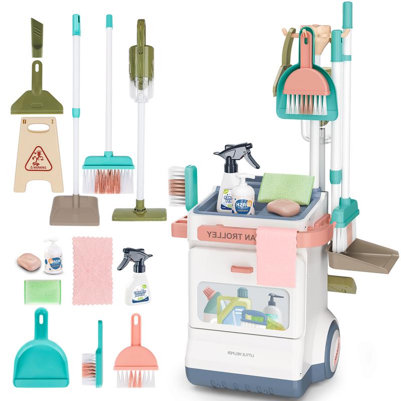 deAO Cleaning Set, 20 PCS Pretend Play Housekeeping Supplies Kit ,Includes Real Working Vacuum Cleaner, Broom, Spray Bottle,Toy Cleaning Set Gift