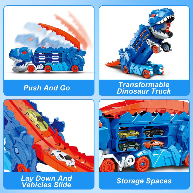 deAO Dinosaur Transforms Car Toys, Tyrannosaurus Rex Carrier Truck, Monster Swallowing Vehicle with Race Track Tail