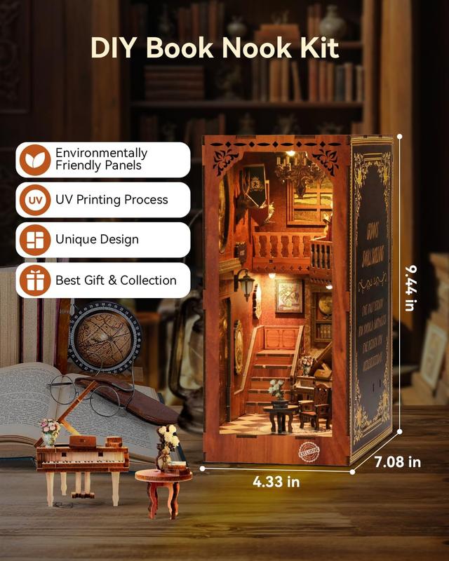 VERYMODEL Book Corner Kit, Christmas Gift DIY Miniature Dollhouse Book Corner Kit, 3D Wooden Puzzle Bookends Bookshelf Insert Decoration with LED Lights, Book Corner Kit for Adults and Teens   Ornaments