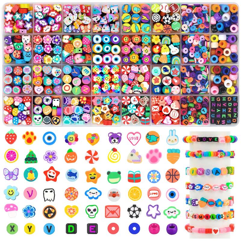 1060pcs Polymer Clay Beads Charms Kits 28 Styles Cute Fun Clay Beads Charms Flower Butterfly Heart Letter Pony Beads Charms for Women Girls Jewelry Bracelet Necklace Earring Making