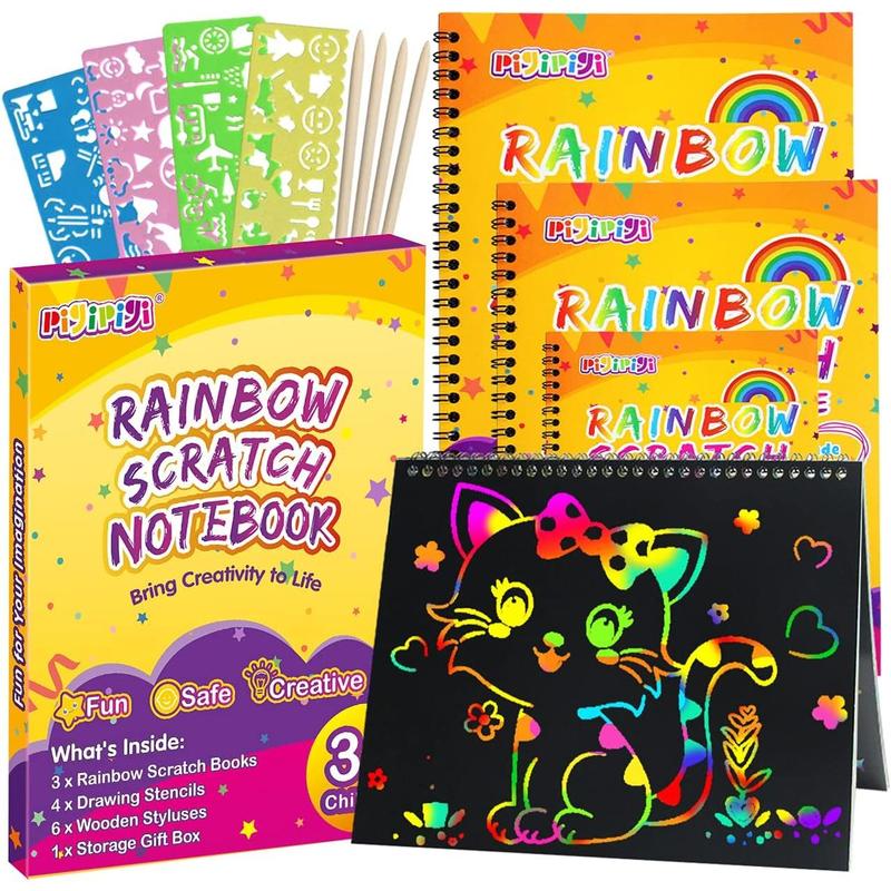 pigipigi Gifts for 3-12 Year Old Girls Boys - 3 Pack Rainbow Scratch Off Notebooks Arts Crafts Supplies Set Color Drawing Paper Kit for Kids Birthday Game Party Favor Christmas Easter Activity Toy