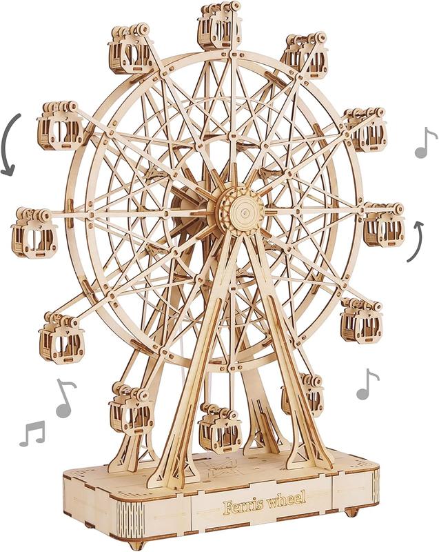 3D Wooden Puzzle Hand Crank Music Box Machinarium Toys-DIY Wood Craft Kit-Creative Gift for Boys Girls Adults Kids When Christmas Birthday (Ferris Wheel Wood Color)