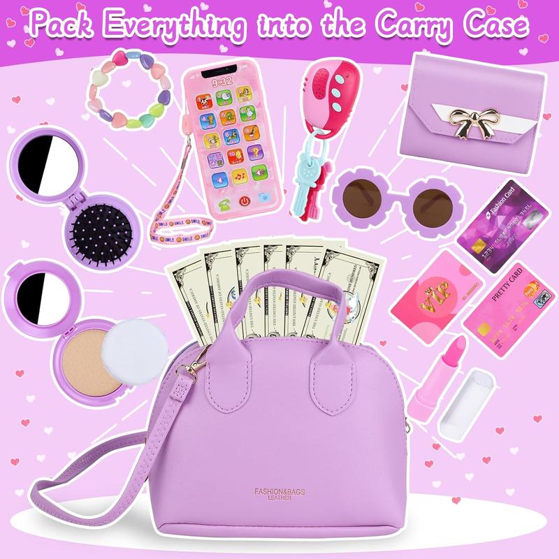 Purple Play Purse for Little Girls Ages 3-6, My First Purse Toy with Handbag, Makeup Set, Sunglasses, Smartphone, Wallet, Car Keys, Credit Cards