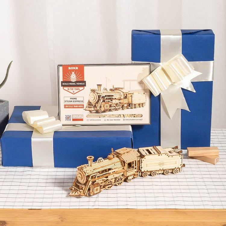 ROKR 3D Wooden Puzzle for Adults-Mechanical Train Model Kits-Brain Teaser Puzzles-Vehicle Building Kits-Unique Gift for Kids on Birthday Christmas Day(1:80 Scale)(MC501-Prime Steam Express)