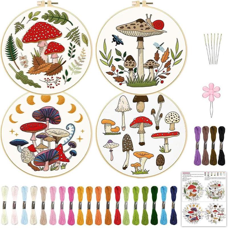 DIY Mushroom Pattern Embroidery Kit with Random Color Tools (1 Set), Mushroom Embroidery Starter Kit, DIY Embroidery Supplies for Beginners, Dorm Essentials, Room Decor, Home Decor [Package List as Picture Shown]