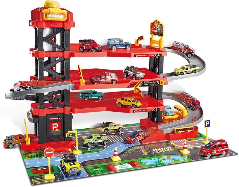 Parking Garage Toy Playset, Race Car Ramp Track Toys Sets Garage Playset with 6 Little Alloy Racer Cars Adventure Track, 3 Parking Levels Christmas Birthdays Gifts for Age 3 4 5 6 7 Boys Girls