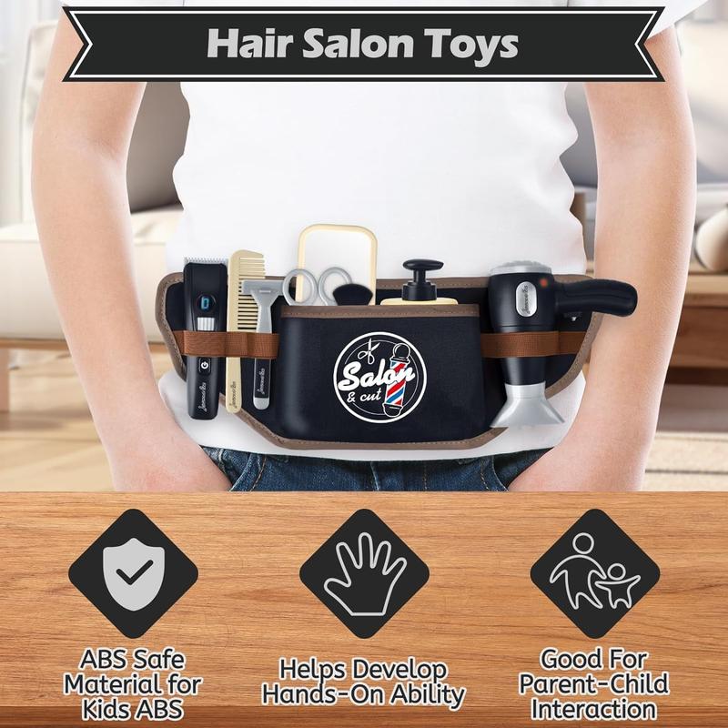 Barbershop Hair Salon Toys for Boy, Pretend Play Hair Salon Stylist Toy Kit with Barber Apron, Hair Dryer, Mirror, Scissors and Styling Accessories