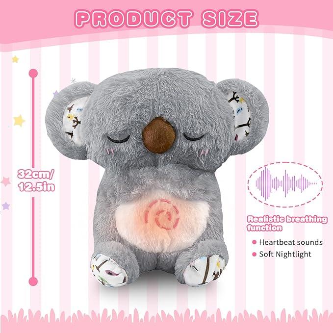 Koala Breathing Stuffed Animal, Anxiety Relief Koala Sleeping Plush with Realistic Breathing Motion and Soothing Music Lights Portable Plushies Birthday Gifts for Adults and Kids