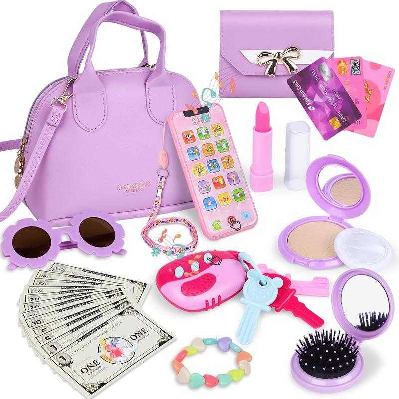 Purple Play Purse for Little Girls Ages 3-6, My First Purse Toy with Handbag, Makeup Set, Sunglasses, Smartphone, Wallet, Car Keys, Credit Cards