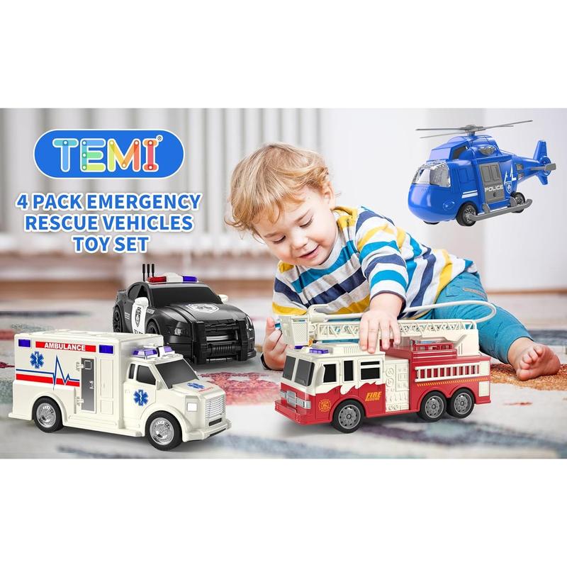 4 Pack Emergency Vehicles, Helicopter, Police Car, Fire Truck, Ambulance Friction Powered Toys