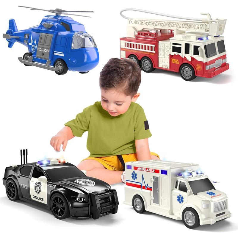 4 Pack Emergency Vehicles, Helicopter, Police Car, Fire Truck, Ambulance Friction Powered Toys