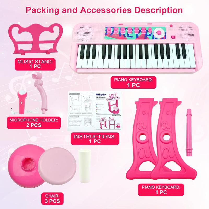 Kids Piano Keyboard Toys - 37 Keys Keyboard Piano with Microphone Stool and 2 Speakers, Christmas Birthday Gifts for 3+ Years Old Baby Girls Toys