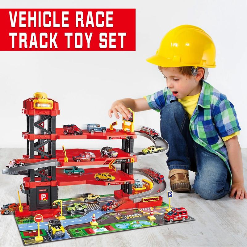 Parking Garage Toy Playset, Race Car Ramp Track Toys Sets Garage Playset with 6 Little Alloy Racer Cars Adventure Track, 3 Parking Levels Christmas Birthdays Gifts for Age 3 4 5 6 7 Boys Girls