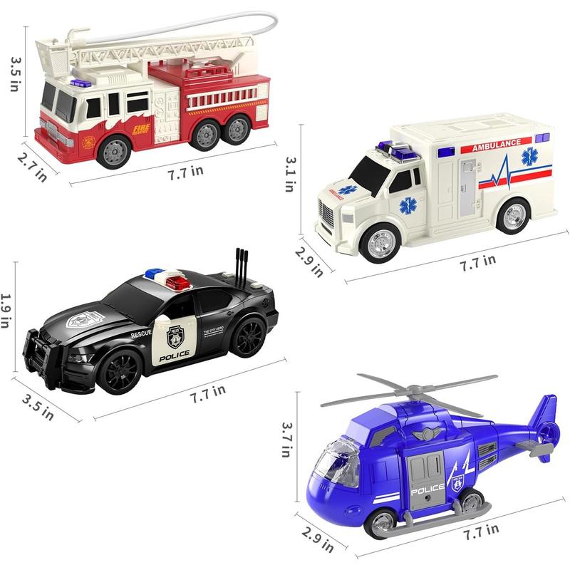 4 Pack Emergency Vehicles, Helicopter, Police Car, Fire Truck, Ambulance Friction Powered Toys