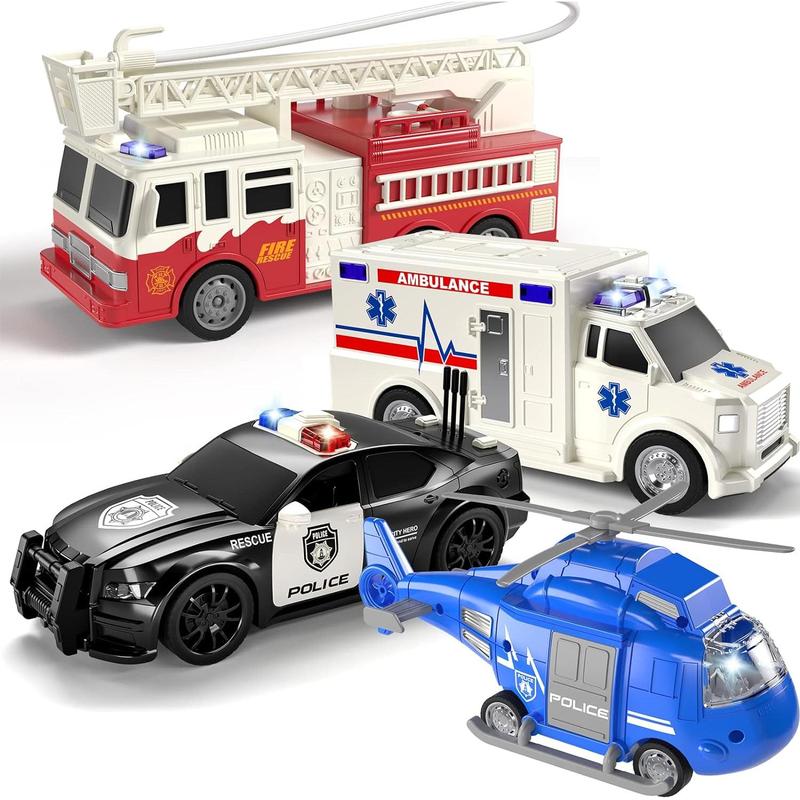 4 Pack Emergency Vehicles, Helicopter, Police Car, Fire Truck, Ambulance Friction Powered Toys