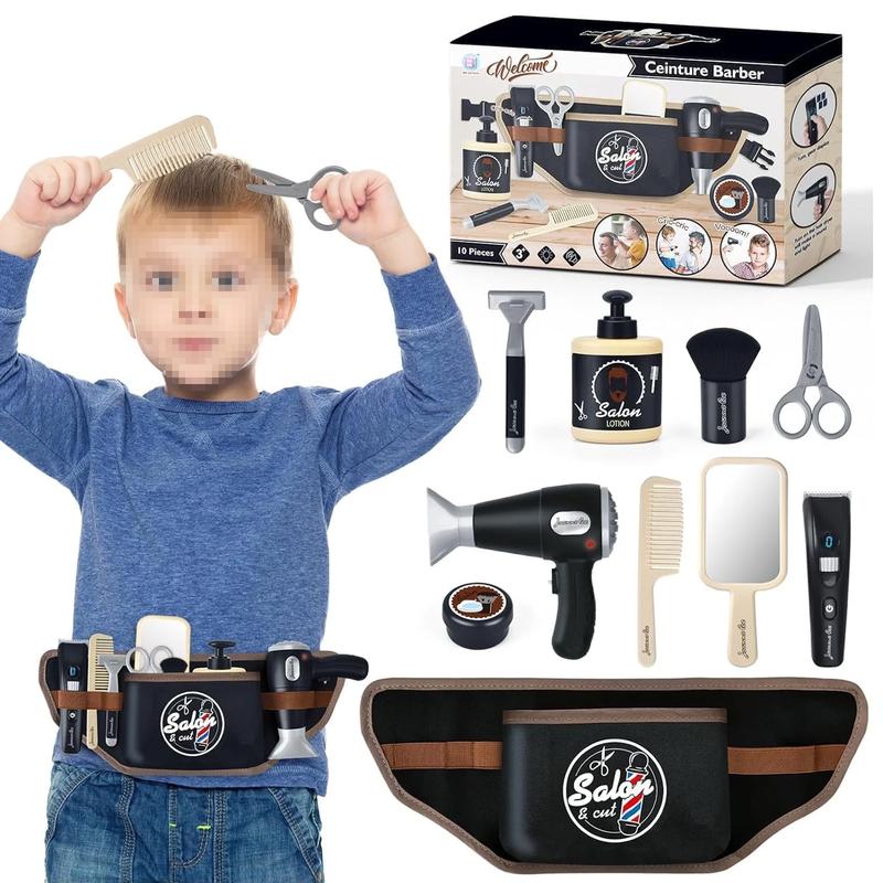 Barbershop Hair Salon Toys for Boy, Pretend Play Hair Salon Stylist Toy Kit with Barber Apron, Hair Dryer, Mirror, Scissors and Styling Accessories