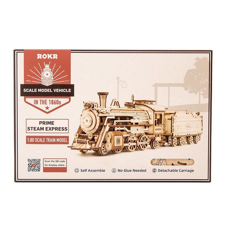 ROKR 3D Wooden Puzzle for Adults-Mechanical Train Model Kits-Brain Teaser Puzzles-Vehicle Building Kits-Unique Gift for Kids on Birthday Christmas Day(1:80 Scale)(MC501-Prime Steam Express)