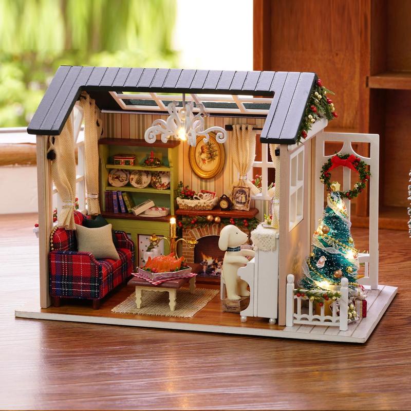 DIY Wooden House Toy, 1 Set Holiday Times Miniature House Kit, DIY House Toy with LED Light, DIY Wooden Craft Kit, Birthday Gift for Friends