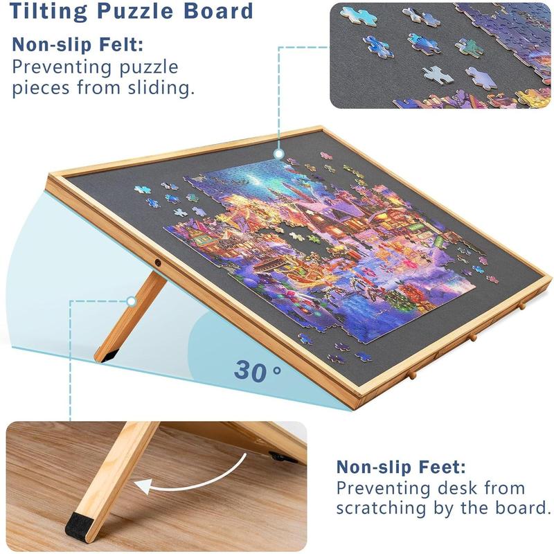 2-in-1 Tilting & Rotating Puzzle Board with 6 Colored Drawers & Cover, Portable Jigsaw Puzzle Table for Adults, Wooden Swivel Puzzle Plateau with Non-Slip Tabletop for Up to 1500 count