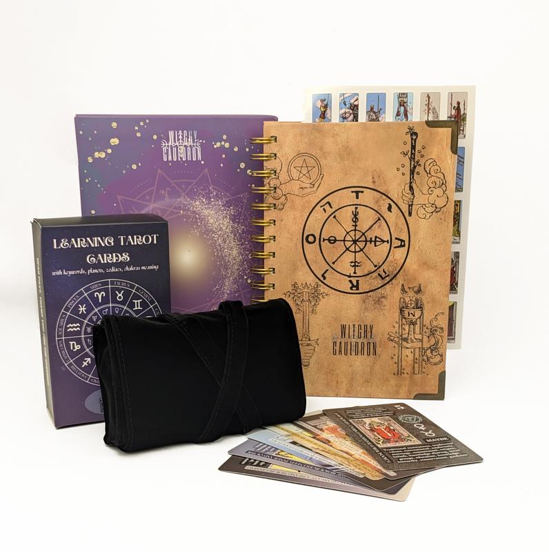 Tarot Learning Set for Beginners in BLACK with Tarot Journal, Tarot Cards, Velvet Tarot Holder Wrap, Tarot Journal, and Stickers