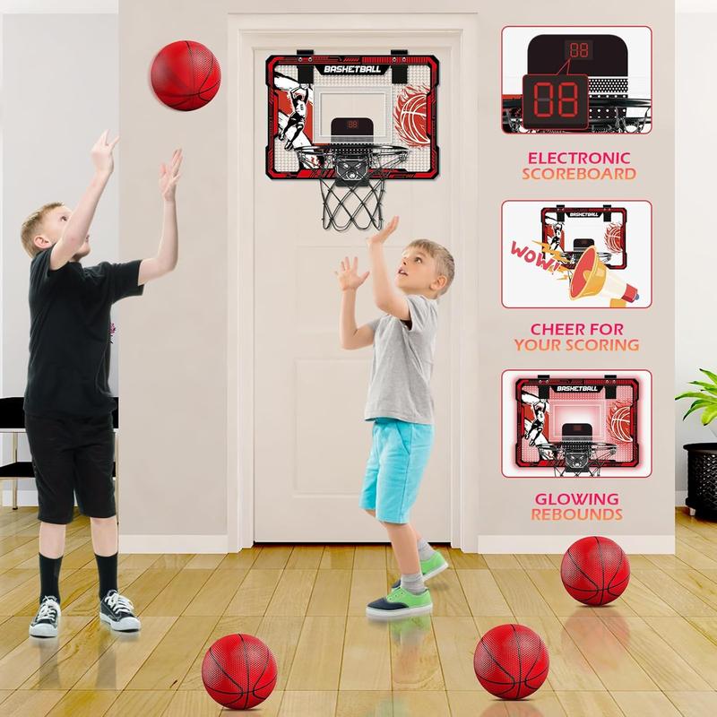 Basketball Hoop Indoor, Over The Door Basketball Hoops with LED Lighting, Mini Hoop with Electronic Scoreboard, 4 Balls & Pump, Basketball Gifts for 5 6 7 8 9 10 11 12 Year Old Boys Girls